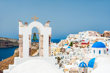 White church in Oia town on Santorini island, Greece