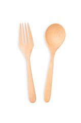 Wooden spoon and fork isolated on white