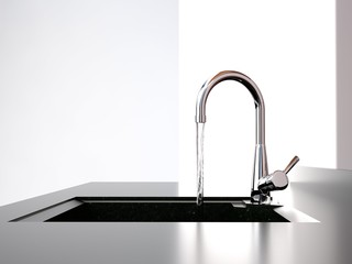 water flows from the kitchen tap to black kitchen sink - obrazy, fototapety, plakaty