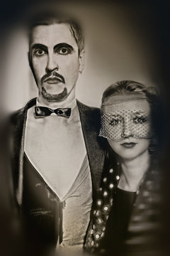Young couple theater actors in a retro style