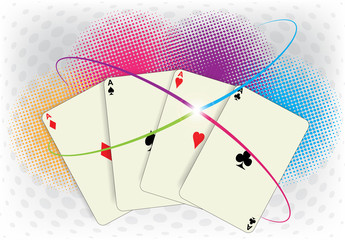 Poker cards with abstract colorful halftone effect background with waves