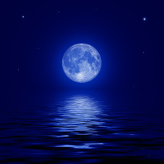 Obraz premium Full moon and stars reflected in the water surface