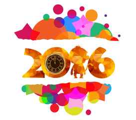 happy new year colorful background. gold clock, monkey geometrical