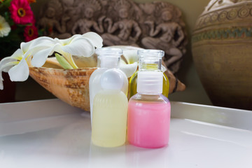 mini set of body bath and shower care on boutique mood background