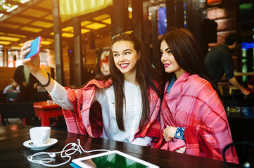 two close friends make selfie in the cafe