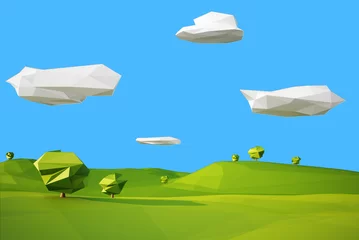 Fototapeten low poly landscaped with lawn and trees © shuruev