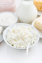 fresh dairy products on white wooden background, closeup