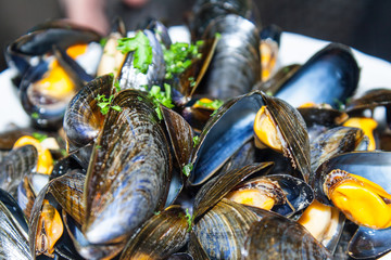 a bowl of delicious mussels with herbs - 88912943