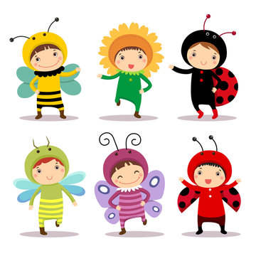 Cute kids wearing insect and flower costumes