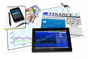 Tablet Smartphone Finanza_003
Tablet, Smartphone e vari elementi  che richiamano operazioni bancarie, trading, investimenti e finanza.Collocati in casa o in ufficio.
 - obrazy, fototapety, plakaty
