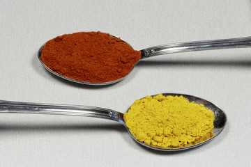 Two spoons containing paprika and curry