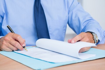 Smiling businessman reading a contrat before signing it