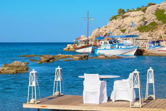 Cafe on a coast. Kolymbia. Rhodes, Greece