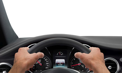 Driving hands steering wheel background isolated