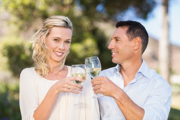 Portrait of smiling standing couple drinking wine and toasting 