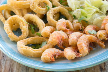 Dish of fried squid and shrimps, Mediterranean Cuisine