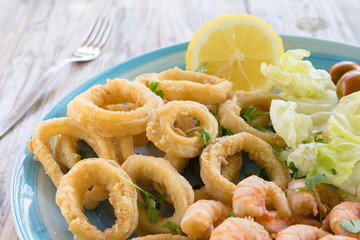 Dish of fried squid and shrimps, Mediterranean Cuisine