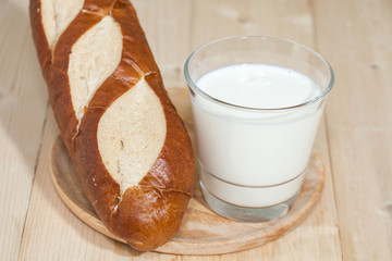 glass of milk and baguette bread