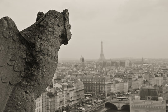 Fototapeta Vintage close up of Notre Dame gargoyle overlooking Eiffel tower and Paris, France skyline