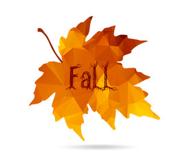 Maple leaf in triangular style with hand drawn word 'Fall'.