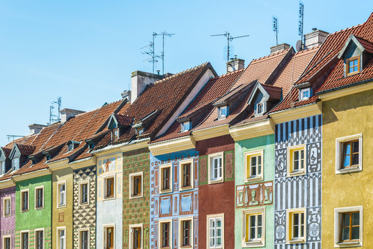 Colorful building facades in Old Town Market Square of Poznan, Poland.