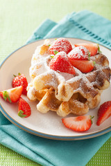 belgian waffles with icing sugar and strawberry