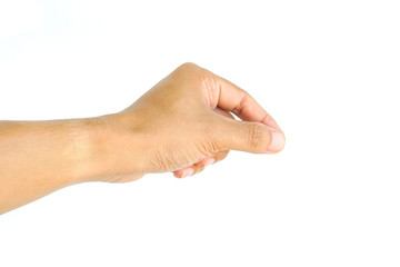 hand holding something isolated on white background.