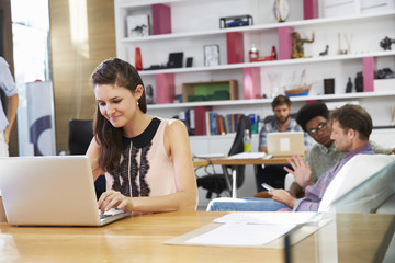 Fototapeta premium Businesswoman Working On Laptop In Busy Office