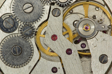 Clockwork Background. Close-Up Of Old Clock Watch Mechanism With Gears