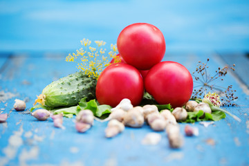 Composition of fresh vegetables on the Russian blue wooden background