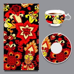 vector seamless orient pattern with cup and plate. russian desig