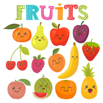 Cute kawaii smiling fruits. Healthy style collection