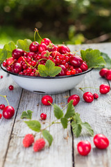 bowl full various fruits wooden background