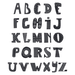 Doodle alphabet in black on white background. Cute hand drawn le