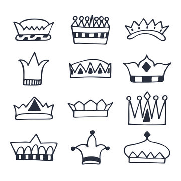 Hand drawn crowns set. Sketch crowns collection