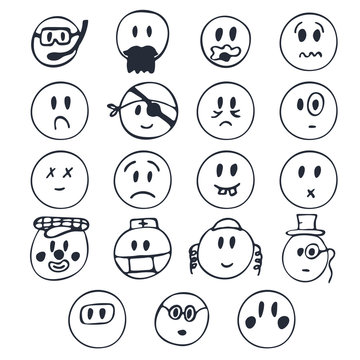 Hand drawn faces with different emotions. Set of cute smiley fac