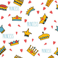 Princess seamless pattern with hand drawn crowns and hearts