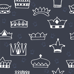 Seamless pattern with hand drawn crowns on dark background