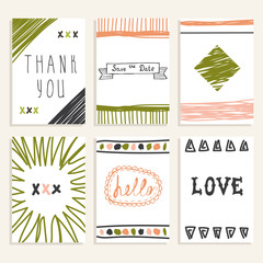 Set of vintage cards with romantic hand drawn textures. Collecti