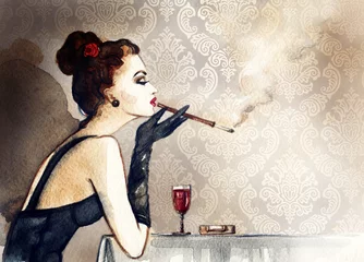 Outdoor-Kissen Retro woman portrait with cigarette . watercolor illustration © Anna Ismagilova