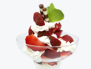 ice cream with caramel sauce and mint on a white background