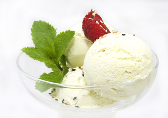 ice cream with caramel sauce and mint on a white background