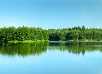Fototapeta na wymiar Лес отражается в чистой воде родникового озера