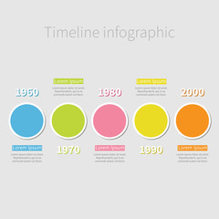 Timeline Infographic with colored round circle and text. Shadow effect Template. Flat design.