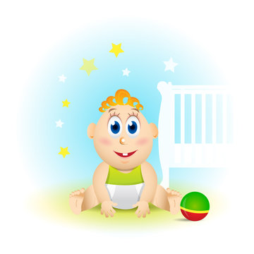 Cute smiling baby cartoon with toy ball,stars and baby bed on blue background, vector illustration