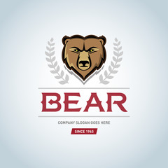 Bear logo template. Animal head symbol. Grizzly mascot, team logo design, angry bear. Bear Logotype Vector design element, business sign template bear face, t-shirt design.