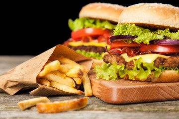 Delicious hamburger and fries