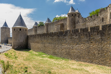 The Fortress Of Carcassonne, France. Two rows of defensive walls. Fortress of Carcassonne is included in the UNESCO World Heritage List