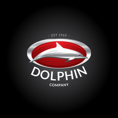 Dolphin logo template. Silver dolphin logotype on deep red background. Badge, t-shirt design, vector illustration for company and business.