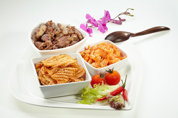 Mixed dry shrimp and squid set in white plate